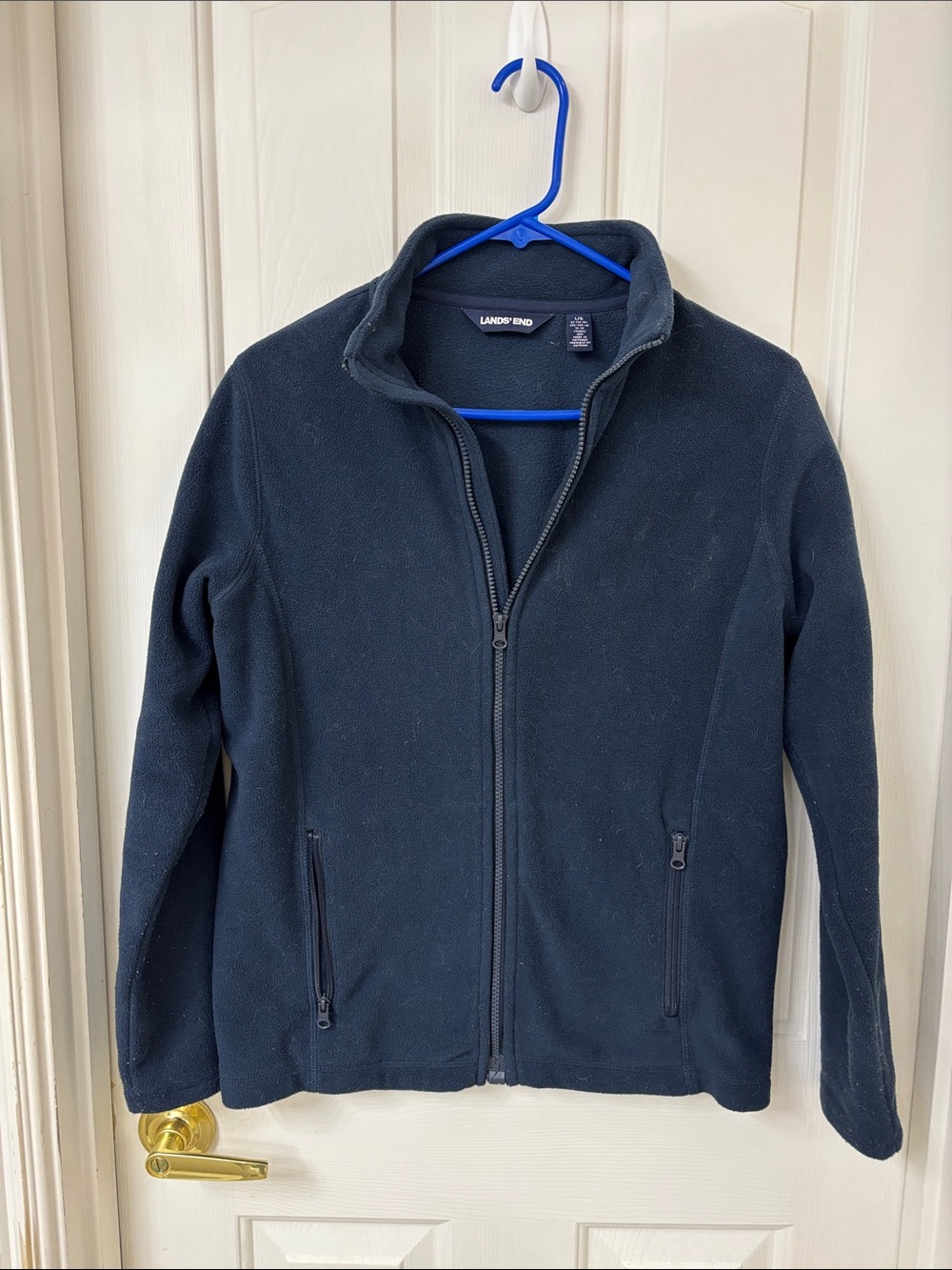 Lands' End Kids Navy Blue Fleece Jacket - Size large (14-16) Magnetic Zipper